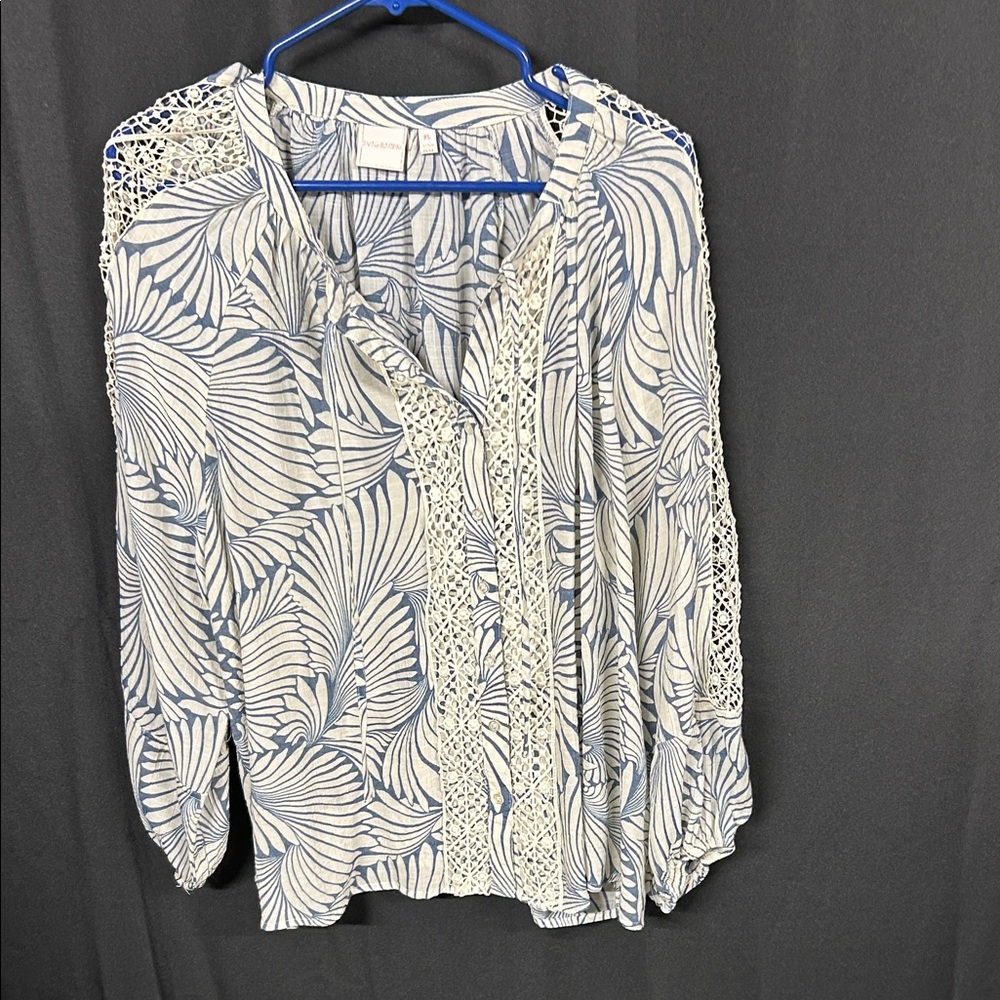 Zac & Rachel Navy and Cream Leaf Print Blouse
